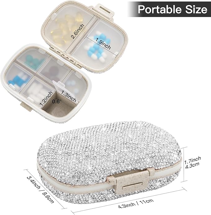Soleebee Portable 8 Compartments Daily Pill Organizer, Bling Crystal Diamond Pill Box, Small Travel Pill Case, Pill Dispenser, Medicine Container Organizer to Hold Vitamin, Fish Oil (Silver)