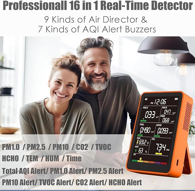 Professional Indoor Air Quality Monitor with AQI Beep Alarms, Portable Real-Time Detector for Home Cars Plants and Pets (Orange)