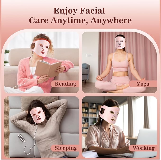 INTEO Red Light Therapy for Face, 3 Modes Portable Led Face Mask Light Therapy with Remote, Infrared Light Mask with Timing Function, Led Light Therapy At Home, Pink