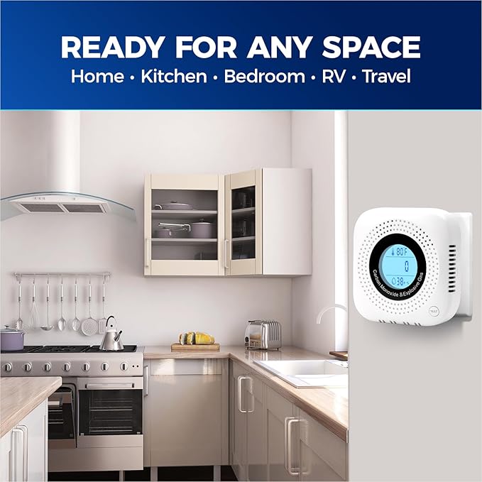 Plug-in Carbon Monoxide & Natural Gas Leak Detector, 4-in-1 CO, Methane, Propane Alarm with Temperature & Humidity Monitor for Home, Kitchen, RV, Hotel, Travel – White