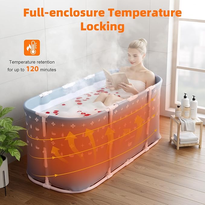 Portable Bath Tub No Installation, 45" Foldable Bathtub for Adults, Separate Hot SPA Tub for Shower Stall, Non-Inflatable Ice Folding Bathubs, Family Soaking Baths