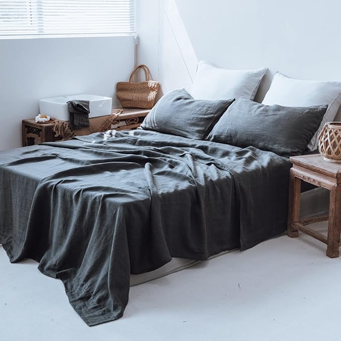 Simple&Opulence Washed Linen Bed Sheet Set Basic Style 4 Pieces (1 Flat Sheet & 1 Fitted Sheet & 2 Pillowcases) 100% Natural French Flax Soft Breathable Farmhouse Bedding (King, Dark Grey)
