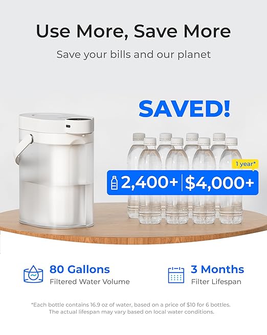 Waterdrop Alkaline Rechargeable Water Filter Dispenser, 6-Stage Instant Electric Powerful Pitcher, Healthy Mineralized Alkaline Water, 15-Cup Portable Countertop System, Does not Lower TDS
