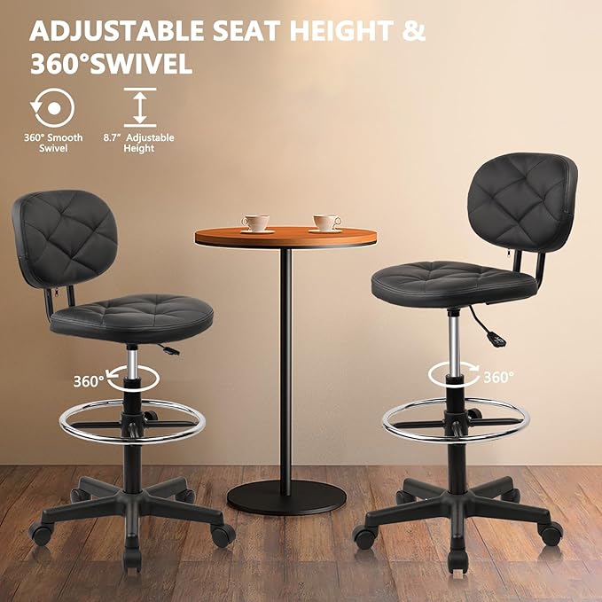 Leather Drafting Stool Chair with Ergonomic Backrest & Footrest, Padded Seat Adjustable Height 360° Swivel Rolling Stools, Tall Office Chair for Standing Desk, Shop, Drawing, Black, 2 Pack