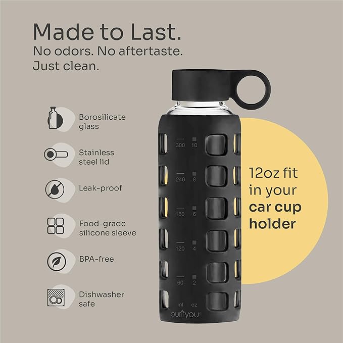 purifyou 40oz / 32oz / 22oz / 12oz Borosilicate Glass Water Bottle with Time & Volume Markers, Silicone Sleeve, Stainless Steel Lid | Reusable Glass Bottle for Water & Juice (12oz Jet Black)