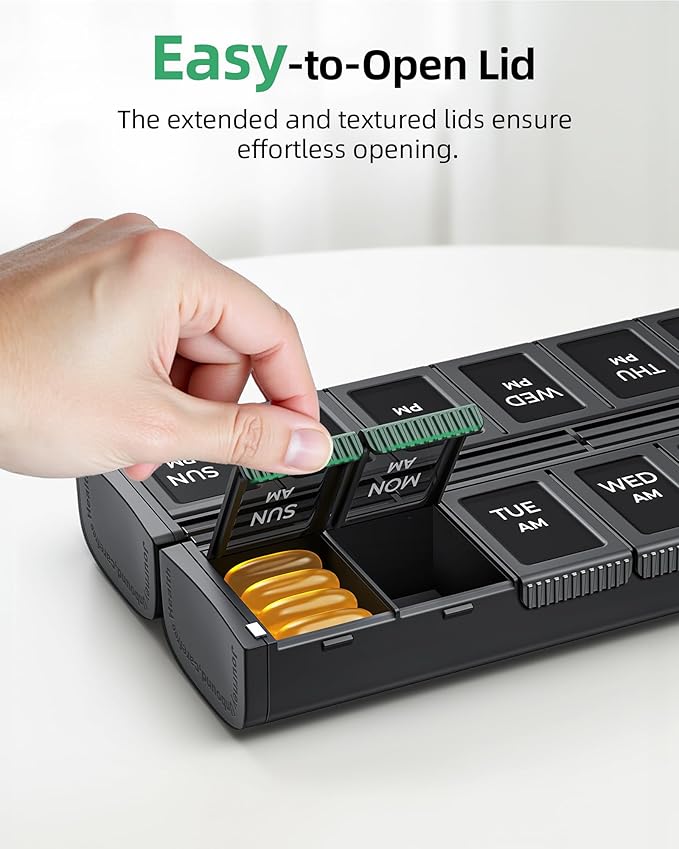 PULIV Weekly Pill Organizer 2 Times a Day with Magnetic Foldable Design for Dual Protection, Large AM PM Pill Box Case for Travel, Compact Medication Organizer for Vitamins, Fish Oils and Supplements