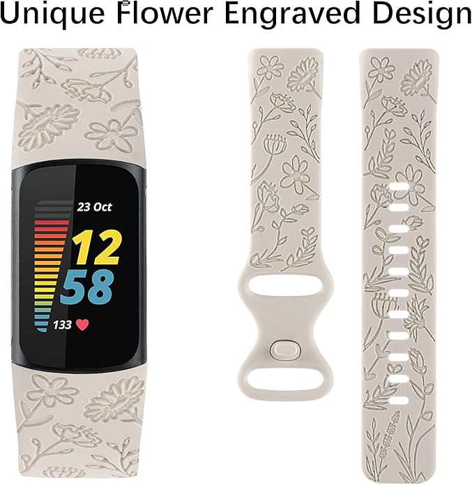 Flower Engraved Bands Compatible with Fitbit Charge 5 Band/Charge 6 Bands Women Cute Floral Engraving Soft Silicone Sport Strap Replacement Wristband for Fitbit Charge 5/6 Tracker Accessories