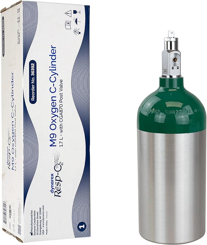 Dynarex Resp-O2 M9 Oxygen C -Cylinder with CGA 870 Post Valve – 1.7L Standard Size Oxygen Cylinder - Lightweight Aluminum Portable Tank with 255L Oxygen Capacity