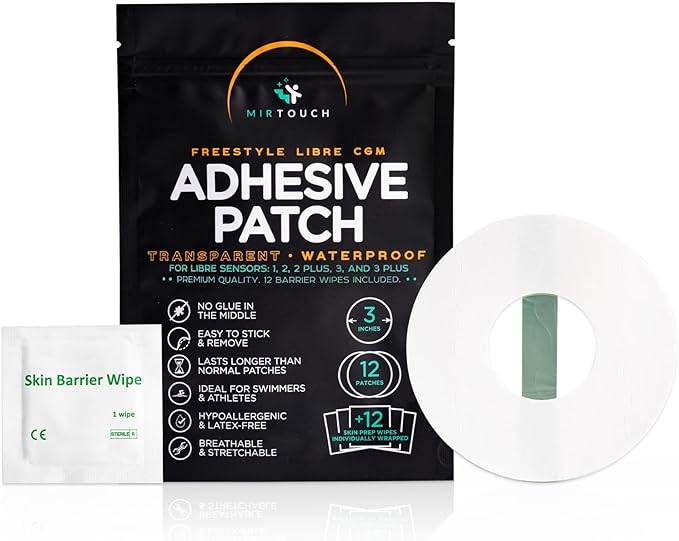Transparent Waterproof CGM Sensor Patches for Freestyle Libre 1, 2, 3 - No Glue in Center - 60 Freestyle Libre Adhesive Patches with 60 Skin Prep Wipes - Hypoallergenic Glucose Monitor Patch Set