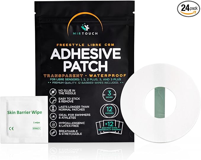 Transparent Waterproof CGM Sensor Patches for Freestyle Libre 1, 2, 3 - No Glue in Center - 24 Freestyle Libre Adhesive Patches with 24 Skin Prep Wipes - Hypoallergenic Glucose Monitor Patch Set