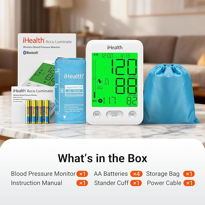 iHealth Accu Luminate Blood Pressure Monitor – 4.5" Tri-Color WHO-Based LCD(White), Clinically Accurate, Irregular Heartbeat Alert, Body & Cuff Detection, Bluetooth Cloud Sync, Large 8.6"–17" Cuff