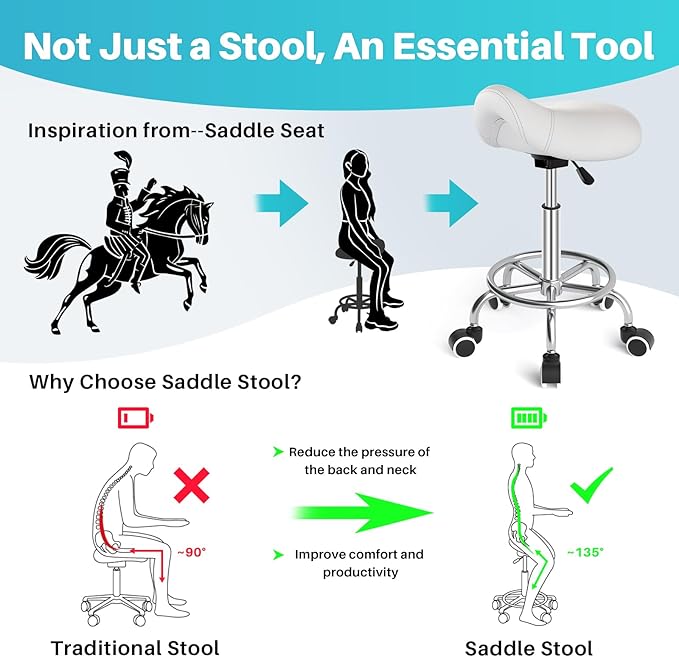YEEZEE Saddle Stool Ergonomic- Comfortable Rolling Saddle Stool with Wide Thick Saddle Seat Padding, Swivel Adjustable Saddle Chair with Wheels and Ring Pedal for Medical Massage Salon (Classic White)