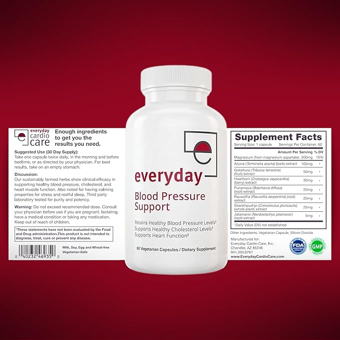 Blood Pressure Support Supplement - Hawthorn Berry, Arjuna & Magnesium - Natural Heart Health & Nitric Oxide Support - Everyday Cardiovascular Formula for Men & Women | 60 Capsules