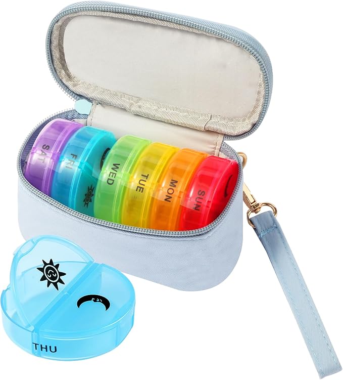 Weekly Pill Organizer 2 Times a Day, Travel Pill Box 7 Day with Large Opening, Pill Case with Handle, Pill Dispenser Medicine Organizer for Vitamins, Fish Oils, Medications, Supplements (Blue, Small)