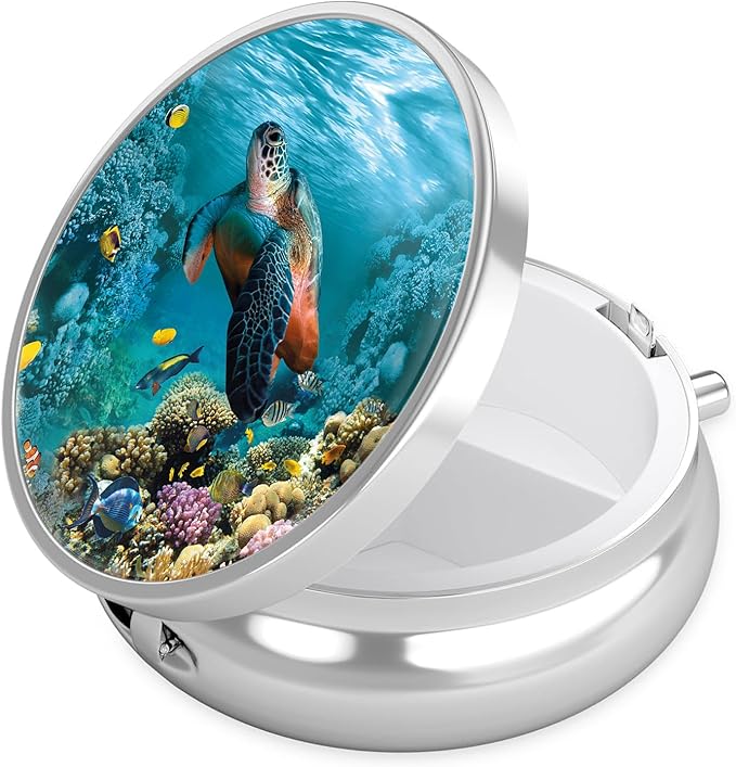 Sea Turtle Pill Case, Pill Box 3 Compartments Metal Small Pill Holder with Mirror Mini Travel Pill Container for Purse Pocket Women Men