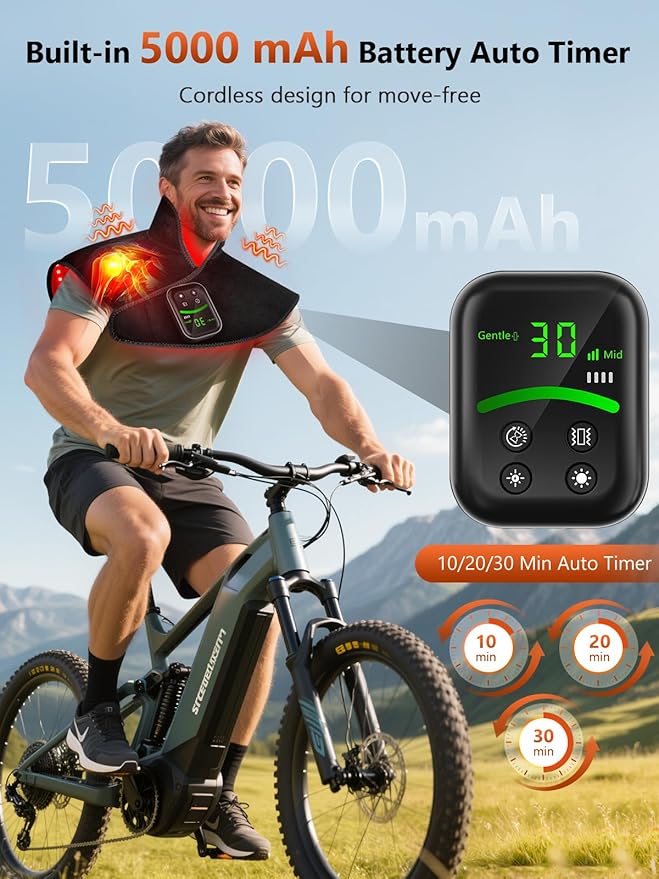 Red Light Therapy for Shoulders and Neck Massage with Heat, 5000 mAh Battery Cordless Near Infrared Red Light Therapy Pad for Body, Wearable Heating Pad for Upper Back, Shoulder & Neck