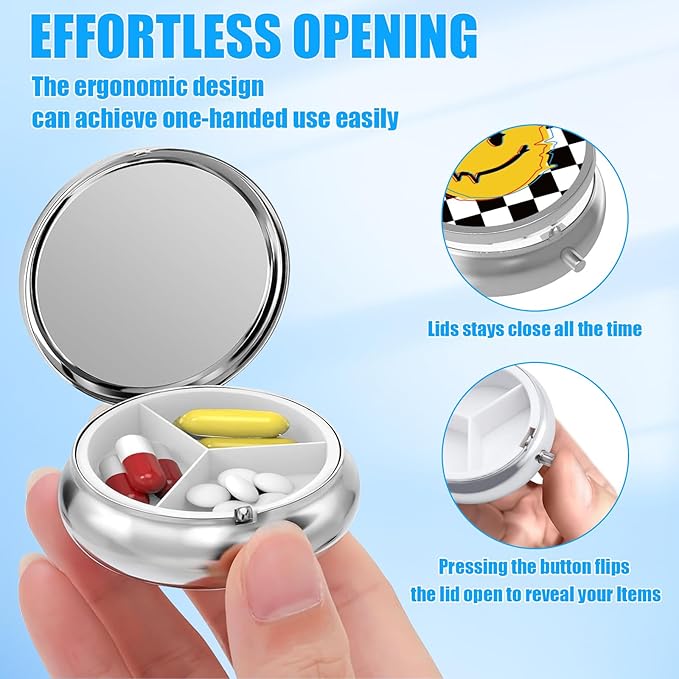 Smiley Face Pill Case, Black White Grid Pill Box 3 Compartments Metal Small Pill Holder with Mirror Mini Travel Pill Container for Purse Pocket Women Men
