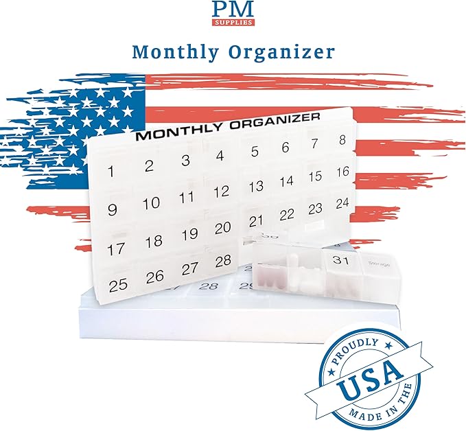 31 compartments, 1 per Day, 4 Week Monthly Pill Organizer by Promed. Includes Tray and 8 Removable compartments. (White)