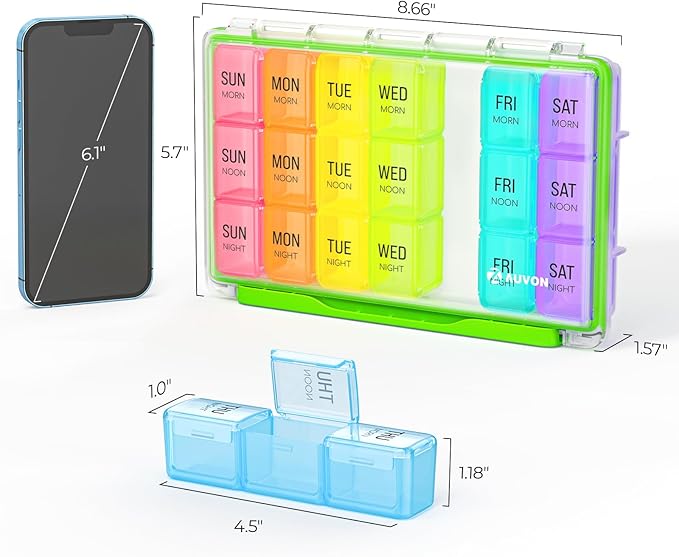 AUVON Weekly Pill Organizer 3 Times a Day with Moisture-Proof Design, Large Pill Box 7 Day Easy to Use, Portable Pill Case for Travel with Double Protection, Pill Containers for Vitamins, Medications