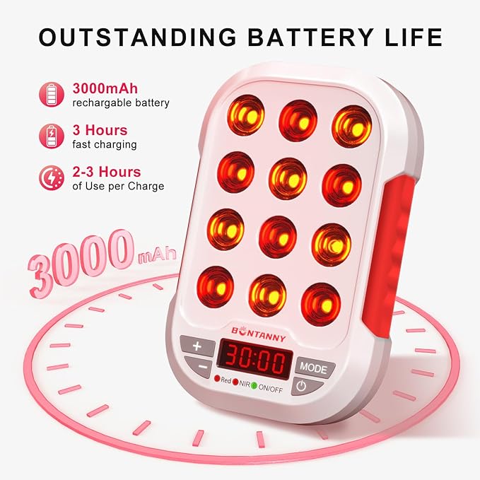 Portable Red Light Therapy, 630/660/810/830/850nm 5 Wavelengths Mini Handheld Red Near Infrared Light, 12 Triple Chip Clinical Grade LEDs, Rechargeable, Travel Case, Timer, for Body, BO-60