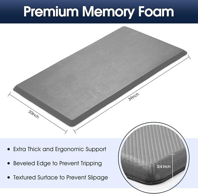 Kitchen Mat Cushioned Anti Fatigue, 0.75" Waterproof,Non Slip Kitchen Rugs, Memory Foam Comfort Mat for Standing at Home,Office,Sink,Laundry(20"x39" Grey)