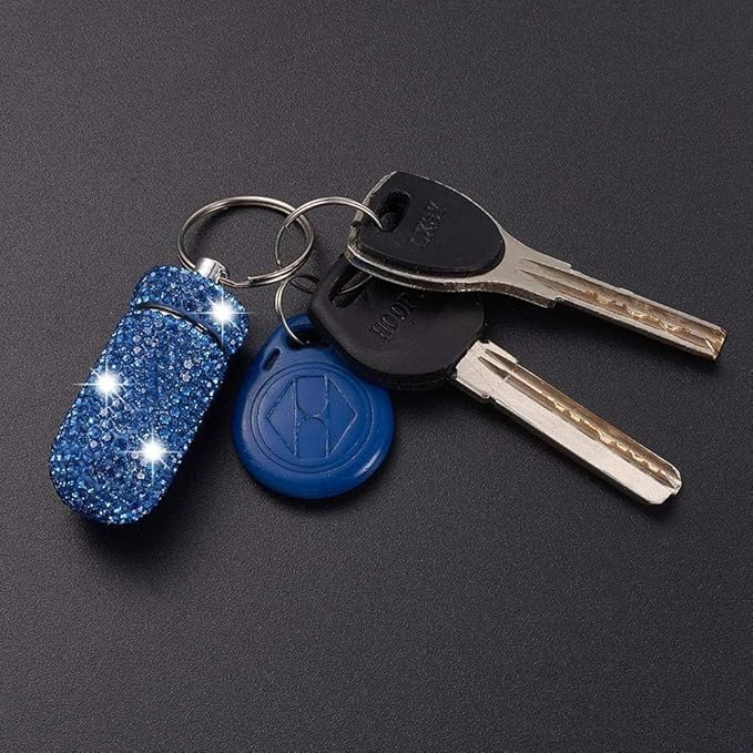 XhuangTech Waterproof Keychain Pill Box Bling Round Medicine Organizer Holder Container Aluminum Portable Mini Bottle Storage Case for Outdoor Travel Camping Purse Pocket (Light Blue)