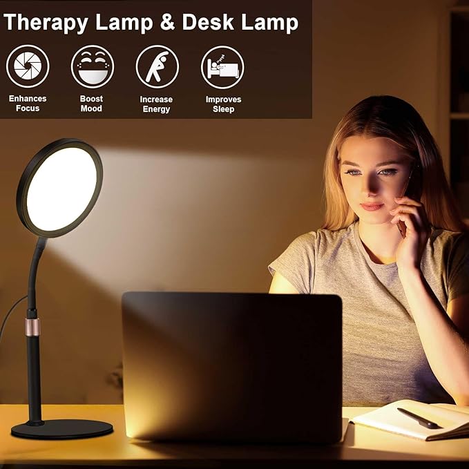 Light Therapy Lamp, UV-Free 10000 Lux Light Therapy Desk Lamp with 360° Gooseneck & 9 Brightness Happy Therapy Light for Lift Mood