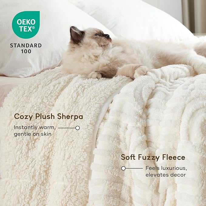 Cottonblue Jacquard Weighted Blanket for Adults 15 lbs Twin Size, Soft Fluffy Sherpa Fleece Weighted Throw Blankets 60" x 80" for Sleep Relax, Fuzzy Warm Arch Heavy Blanket for Bed Couch, Cream White