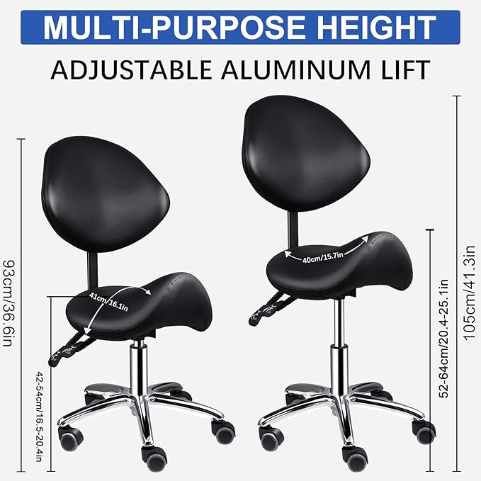 Upgrade Saddle Stool with Back Support, 400lbs Adjustable Salon with Wheels, Wide Thick Seat Padding, Ergonomic Esthetician Seat for Home Office Salon Shop Dentist Clinic, for People 5 Ft To6 Ft Tall