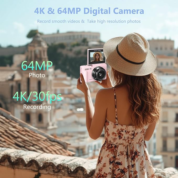 4K Digital Camera for Photography, 64MP Vlogging Camera for YouTube with 3" 180° Flip Screen, 18X Digital Zoom Point and Shoot Camara with 32GB Micro SD Card for Beginner (LP)
