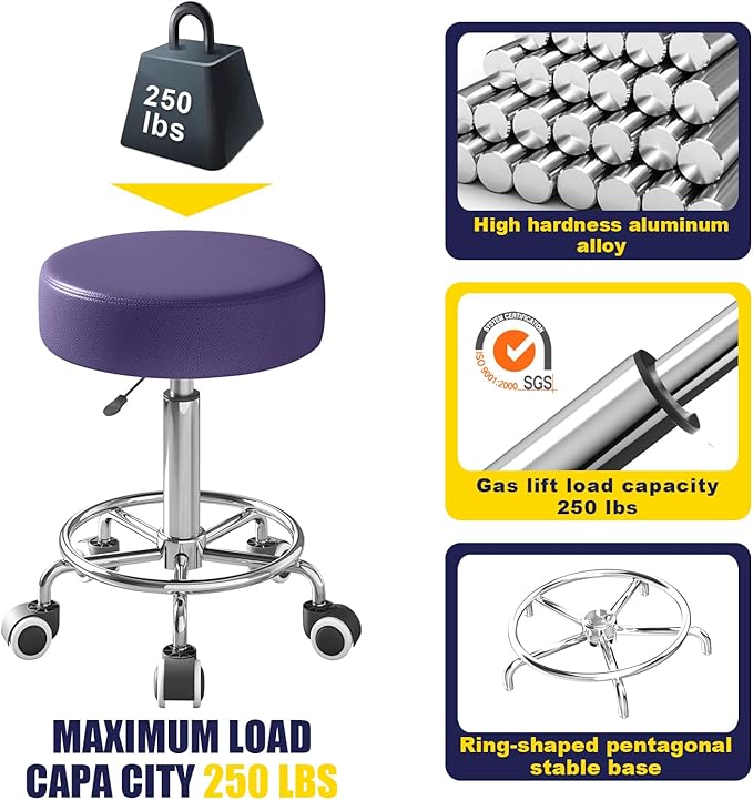 Rolling Stool, Heavy Weight Capacity 250lb, PU Leather Rolling stools, Ultra Soft Padded Seat, Rolling Stools with Wheels and Footrest, 360° Swivel, Spa Drawing Salon Work Office Tattoo Stool (Purple)