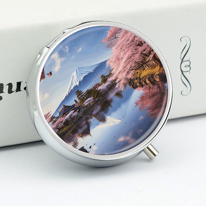 Mount Fuji Cherry Blossom Trees Pill Box Travel Pill Case for Purse Pocket Weekly Medicine Organizer with Mirror 3 Compartment Round Medicine Case Portable PillcaseHolder for Daily