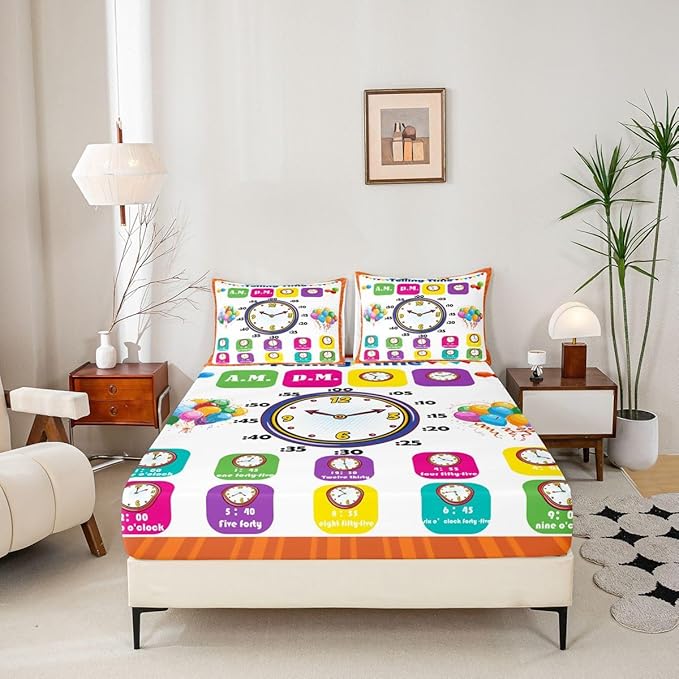Educational Fitted Sheet Queen, Time Learning Bedding Set for Kids Boys Girls Time Colock Bed Sheet Set Educational Bed Cover Lightweight Bed Set (No Flat Sheet)