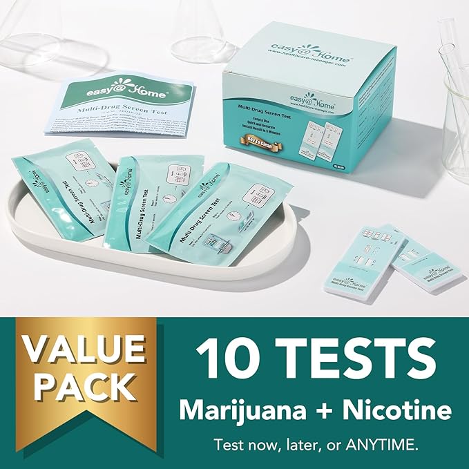 Easy@Home Marijuana & Nicotine Urine Drug Test Kits 10 Pack, Multi-Drug Screen Test for THC and Nicotine Metabolites Cotinine(COT) in Urine, Accurate Home Drug Testing Kits, EDOAP-124