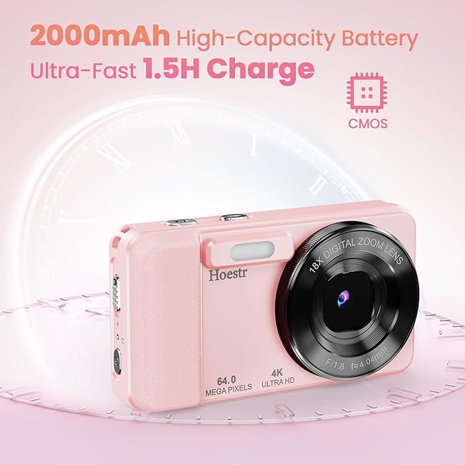 64MP 4K Digital Camera, Hoestr 18X Zoom Autofocus Point and Shoot Compact Camera with 64GB TF Card, Flash, 2.8" LCD Screen for Teens Gifts Adult Beginner Travel Photography Vlogging (Pink)