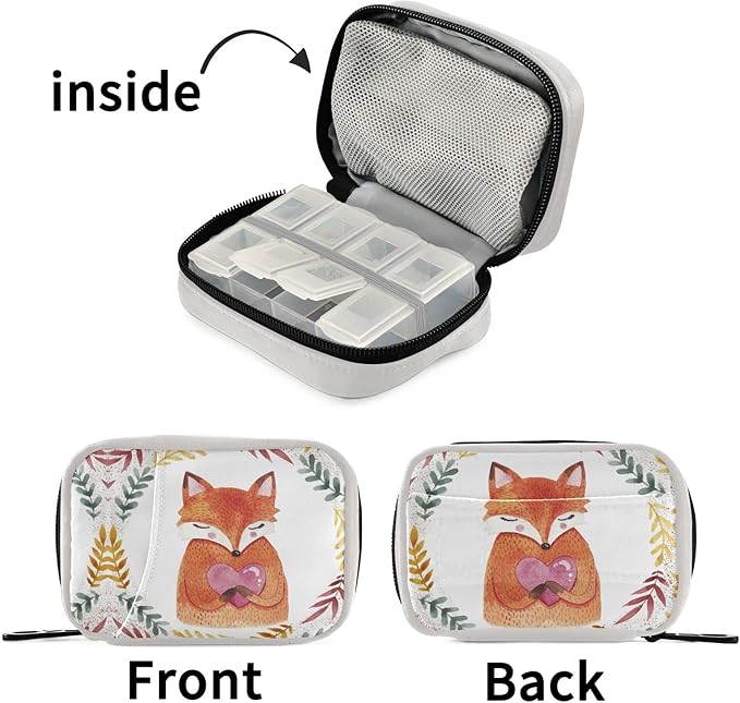 Fox Holding Heart Pill Box 7 Day Pill Case Bag Travel Pill Organizer Bag with Zipper Pill Bag Portable Weekly Case Compact Size for Vitamin Supplement Holder