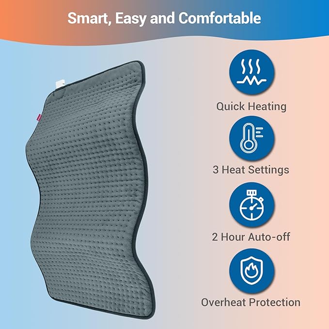 Comfytemp Extra Large Heating Pad for Back & Period, 33''x 17'' King Size, FSA Eligible Items Only List, HSA Approve Electric XL Heated Pad for Shoulder/Neck/Knee, Small Lap Blanket, Washable (Gray)