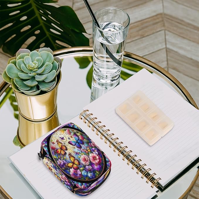 Stained Glass Butterflies Flowers Travel Pill Organizer Box Weekly Portable Pill Case Daily Pills 7 Day Small Birth Control Pills Container Removable Compartments for Medicine Vitamins Fish Oil