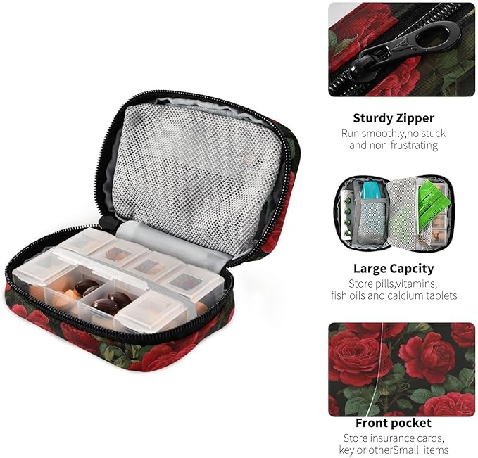 Pfrewn Pill Organizer Case Retro Red Rose Travel Pill Box with Zipper 7 Day Portable Small Weekly Vitamin Medicine Supplement Holder Pouch Bag for Women Men