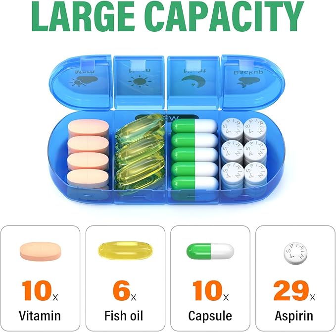 Weekly Pill Organizer 4 Times a Day, 7 Day Pill Box 4X, Portable for Travel Pill Case for Pills/Vitamin/Fish Oil/Medication/Supplements (4x7 Black+Rainbow)