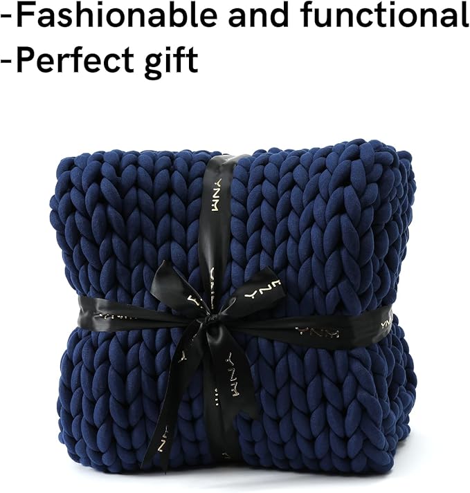 YnM Weighted Blanket, Handmade Chunky Knitted Design, Soft and Cozy, Temperature Regulating and Breathable, Machine Washable Throw for Sleep or Home Decor (Prussian Blue, 80x87 Inch, 25lbs)