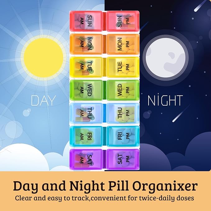 AM PM Weekly Pill Organizer 2 Times A Day, Daily Pill Box Case 7 Day Detachable Medicine Holder with Easy Filling & Retrieving, for Vitamin/Fish Oil/Supplements (Colorful)