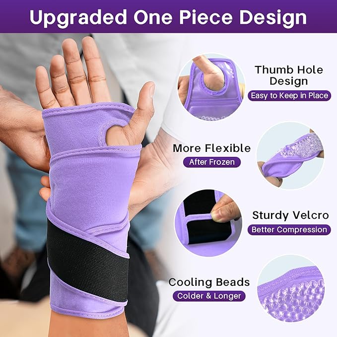 Wrist Ice Pack Wrap for Carpal Tunnel Relief, Gel Ice Packs for Injuries Reusable for Wrist Hand Foot Ankle Knee Leg Pain, Hot Cold Compress Therapy Bandage Surgery Recovery Gifts Men Women (Purple)