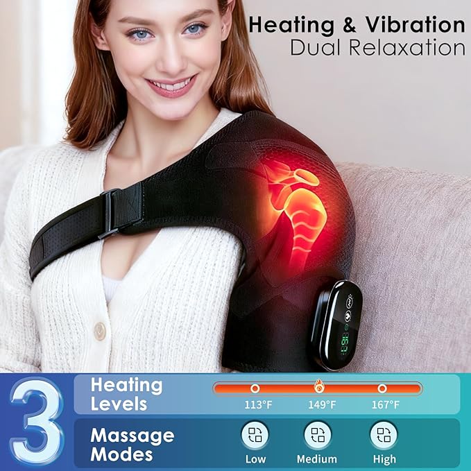 Shoulder Heating Pad with 3 Vibration Modes, Portable Electric Cordless Shoulder Massager,Shoulder Wrap Pain Relief Ideal Gifts for Men, Women, Seniors - Gray