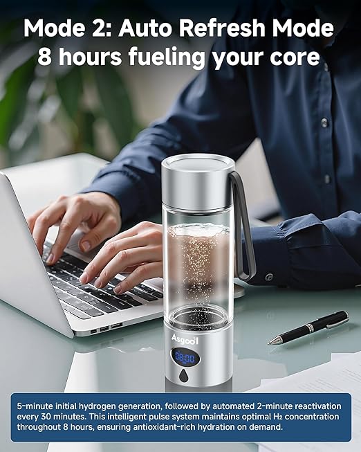 Hydrogen Water Bottle - 5000 PPB in 8 Minutes, Cyclic Mode for 8 Hours, Self Clean, Aluminum & Glass, for Travel Sports Office Home, Gift for Father Mom Family Friends Clients(Silver, 12Oz)