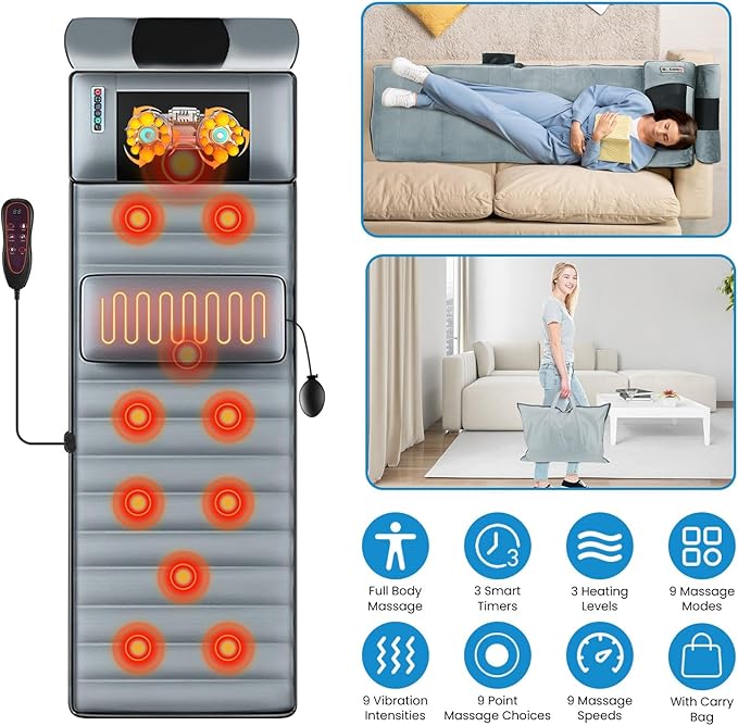Automatic Heat Vibration Full Body Massage Mat Electric Massage Pad Cushion with 10 Vibration Motors 3 Timers Back Massage Mattress Chair Pad with Neck Massager Lumbar Pillow for Home Office