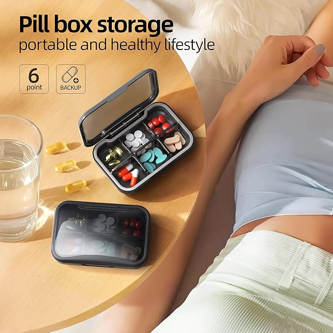 Portable Pill Box, Pill Organizer with 6 Compartments, Daily Medicine Pill Case, Pocket Size Pill Box for Travel, BPA Free Small Pill Container for Vitamins, Fish Oil, Supplements (Black)