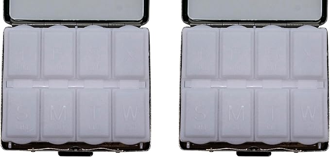 Set of 2 Metal-Plated Weekly (7-Day) Pill Box Case & Portable Medicine Organizer (Antique Brass Victorian)