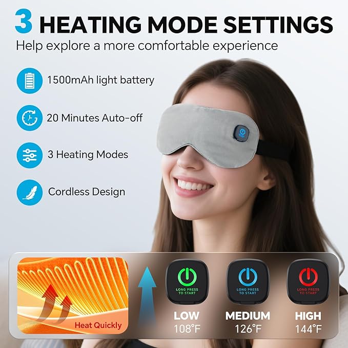 Cordless Heated Eye Mask for Dry Eyes Relief, with 3 Heat Settings, Washable Eye Cover, Warm Heating Pad for Stye Eye Treatment & Travel Use