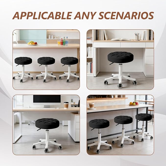 Small Rolling Stool with Wheels, PU Leather Height Adjustable Vanity Work Task Stool, 360 Swivel, Padded Seat Cushion,for Salon, Home, Office